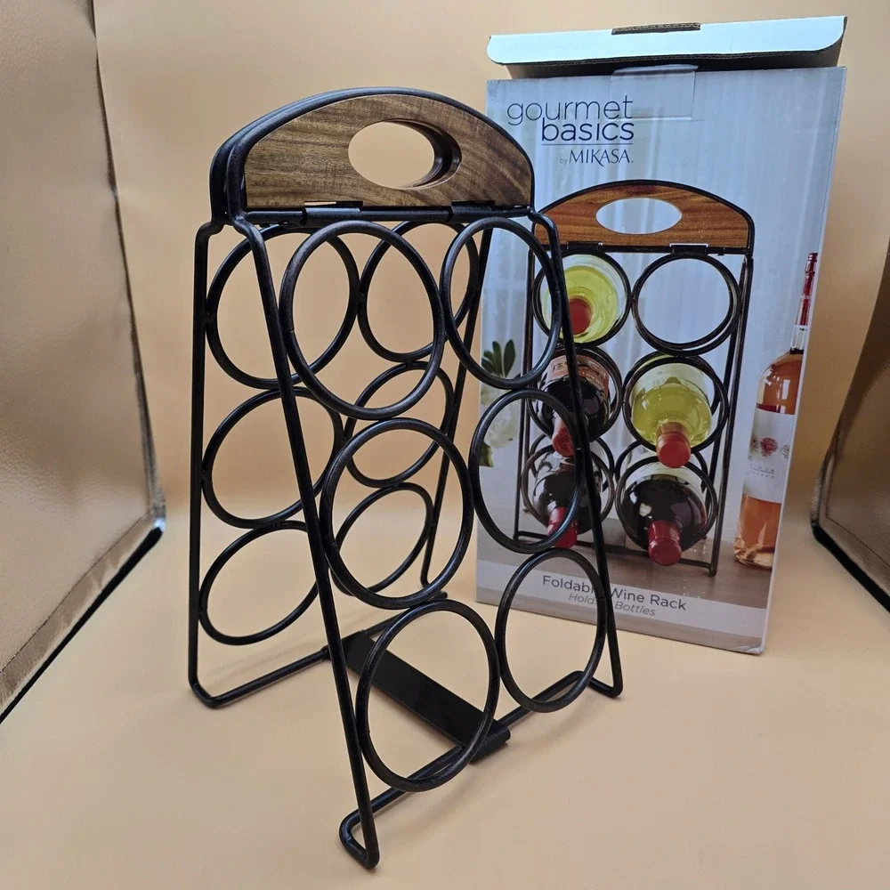 Mikasa Gourmet Basics Foldable Wine Rack 6 Bottle Antique Black Wire Acacia Wood